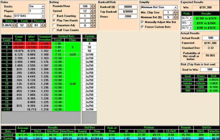 Screenshot of betting calculation software used for card counting and bankroll management.