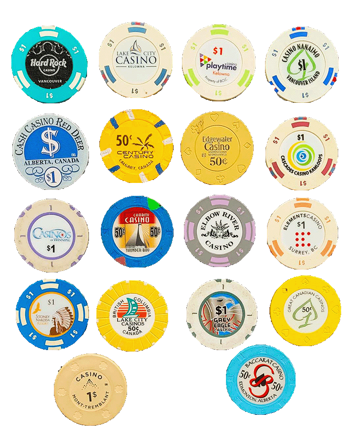 Collection of Canadian casino chips displayed for Card Counting Canada blackjack training.