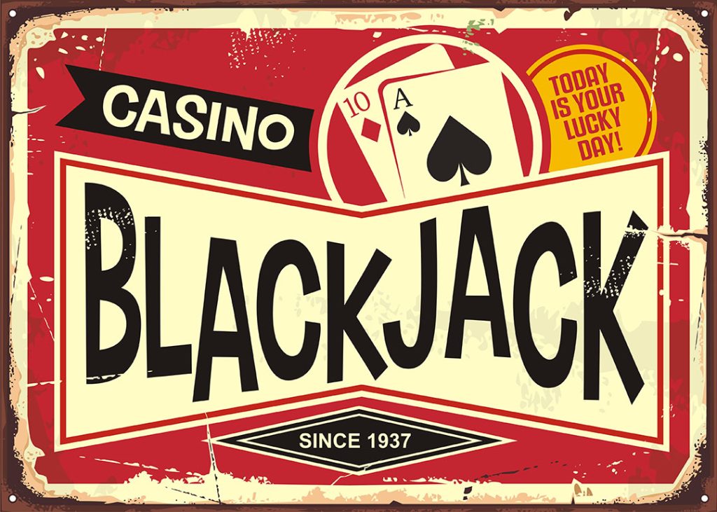 Vintage-style road sign reading “Blackjack since 1937” with weathered metal texture and classic typography.